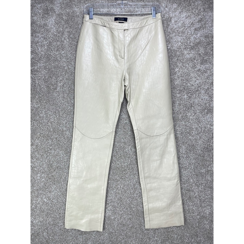 Express Vintage Leather Straight Leg Pants Womens 4 Beige Moto Biker Officecore